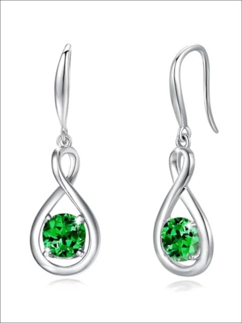 Sterling Silver Infinity Dangle Drop Earrings White Gold Plated Bezel Emerald